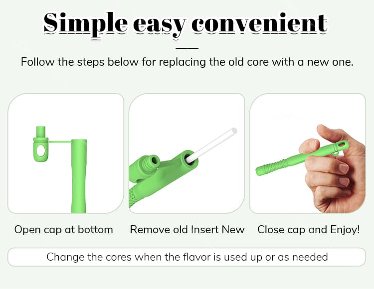 Step-by-step guide for replacing the core in a green silicone essential oil chewing stick. Shows the process of opening the cap, removing the old core, inserting a new core, and enjoying the stick.