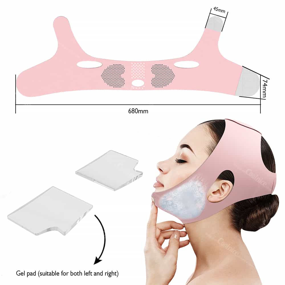 Pink chin lifting strap with gel pads for hot or cold therapy, showing dimensions and wearing example.