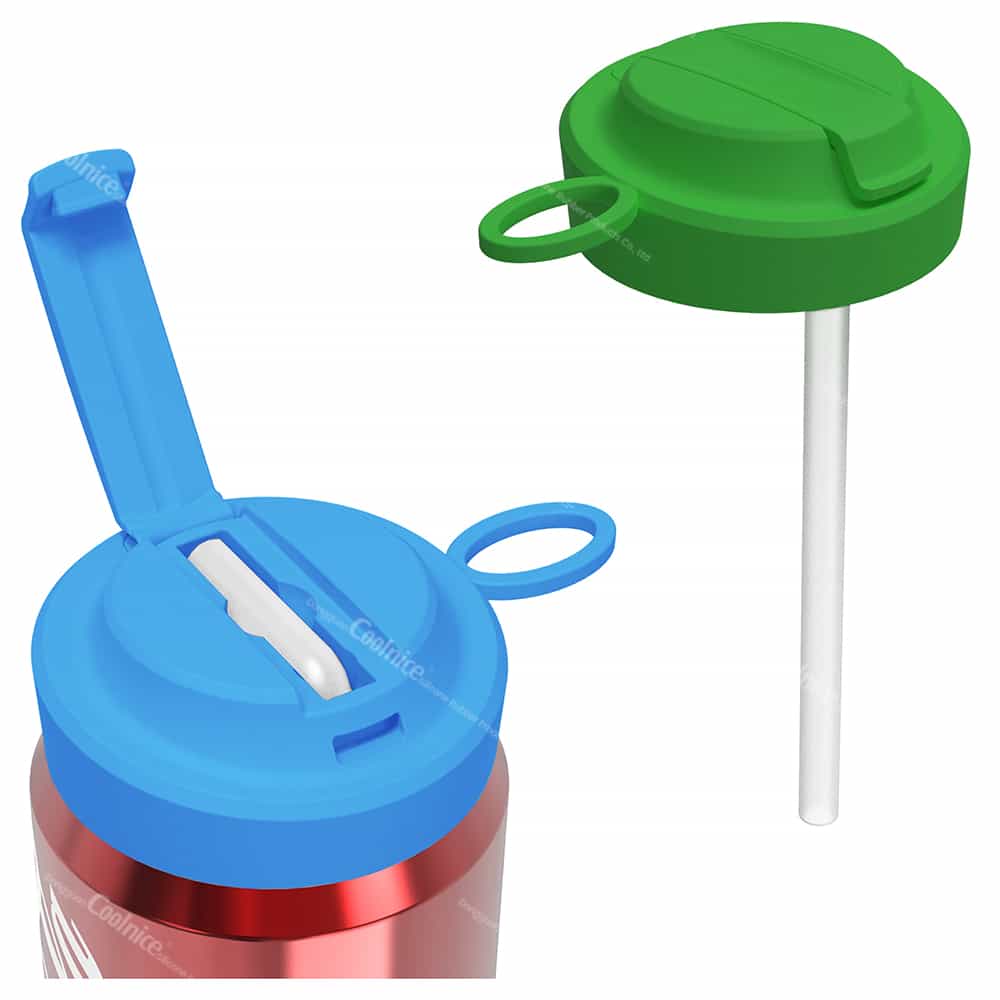 A blue silicone can lid with its hygienic flip-top open on a can, alongside a green lid with its accompanying straw.