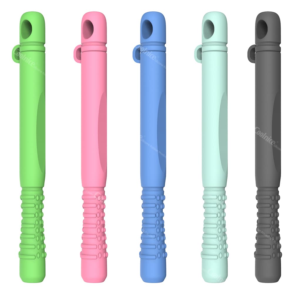 Silicone essential oil chewing sticks in five colors: green, pink, blue, mint, and black, designed for stress relief and relaxation.