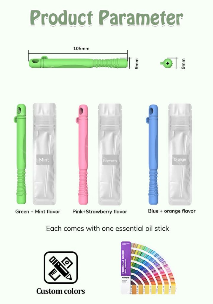 Product parameters of silicone essential oil chewing sticks in green (mint flavor), pink (strawberry flavor), and blue (orange flavor), including size and packaging details.