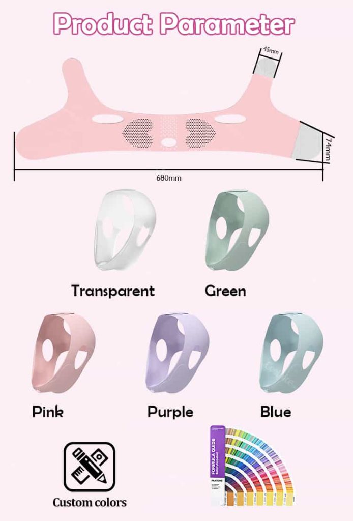 Pink silicone chin ice pack wrap with gel pad, measured for jawline fit.