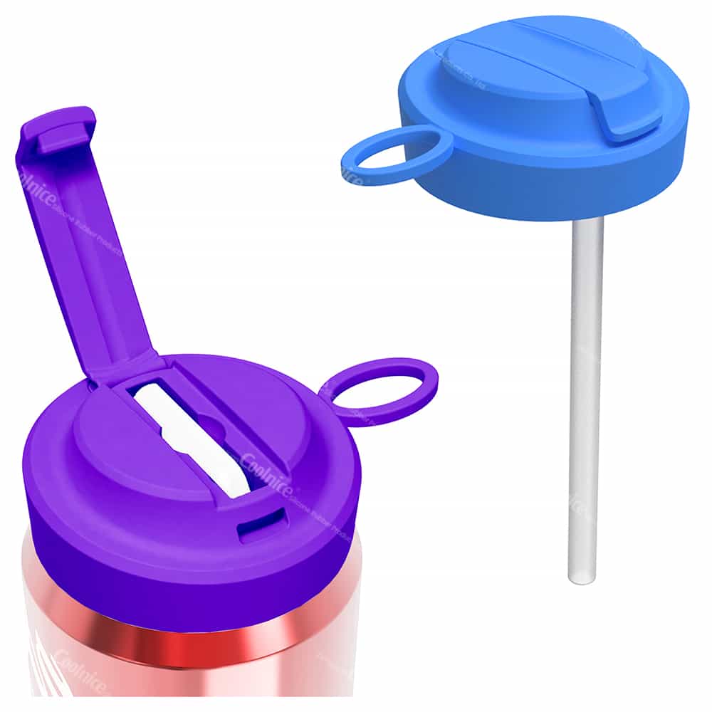 A detailed view of a purple flip-top can lid open on a can, next to a blue lid with a full-length reusable straw.