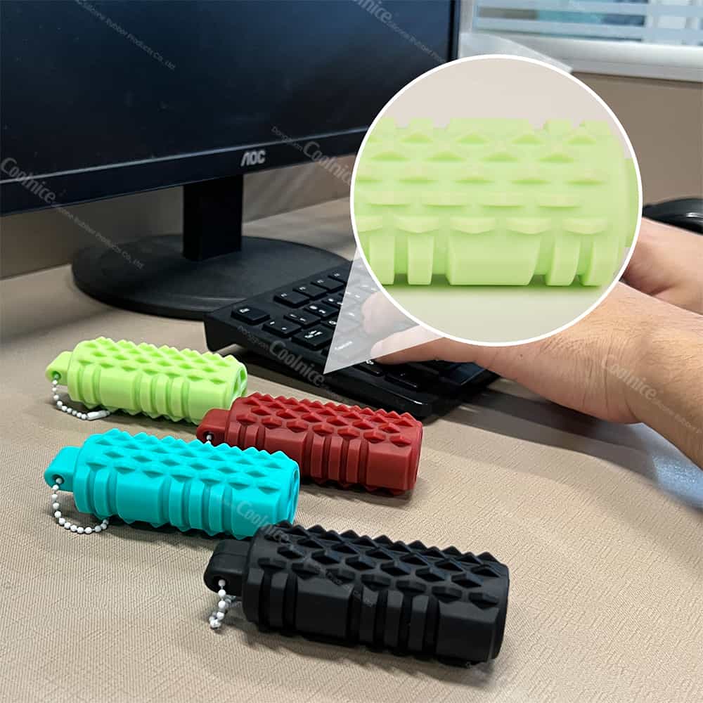 Multiple color silicone massage rollers displayed in hand
