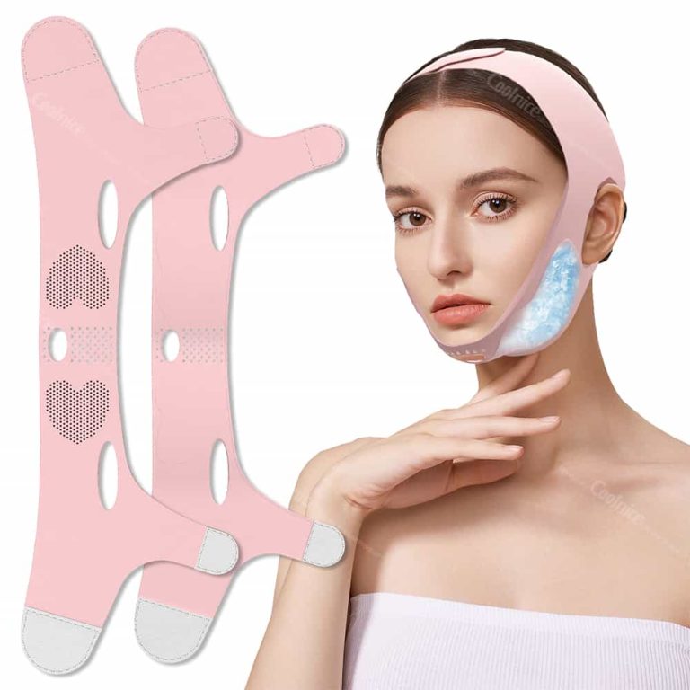 Two pink lifting straps with heart ventilation holes and woman wearing strap with cold gel pads.
