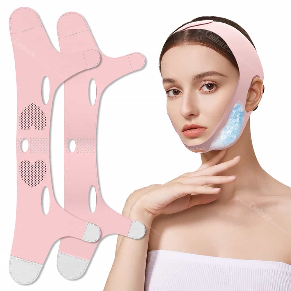 Two pink lifting straps with heart ventilation holes and woman wearing strap with cold gel pads.