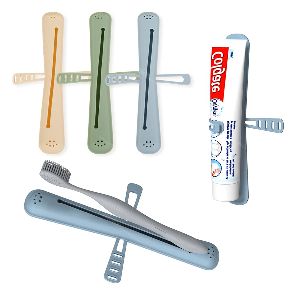 "Colorful silicone toothbrush holders in green, blue, beige, with elastic tape to secure toothpaste tubes, and a toothbrush placed inside the holder.