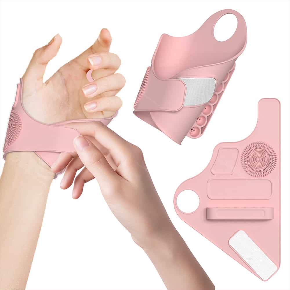 Silicone makeup brush wrist holder with adjustable strap, easy wear on hand.