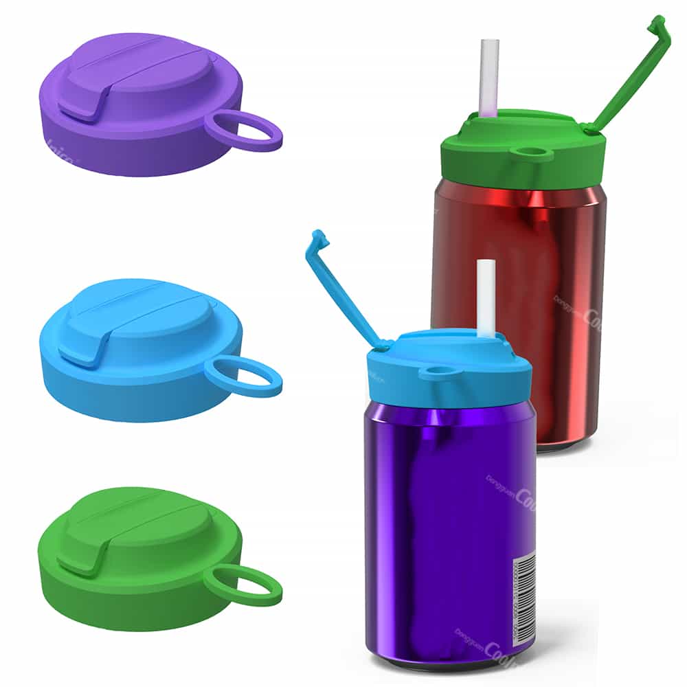 Purple, blue, and green silicone soda lids displayed individually and on top of red and purple beverage cans.