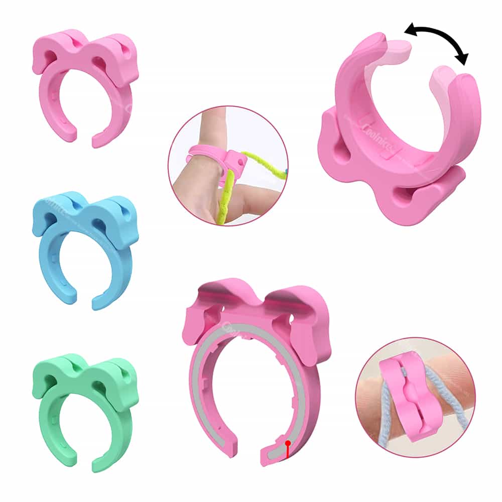 Close-up of pink silicone yarn guide ring in use