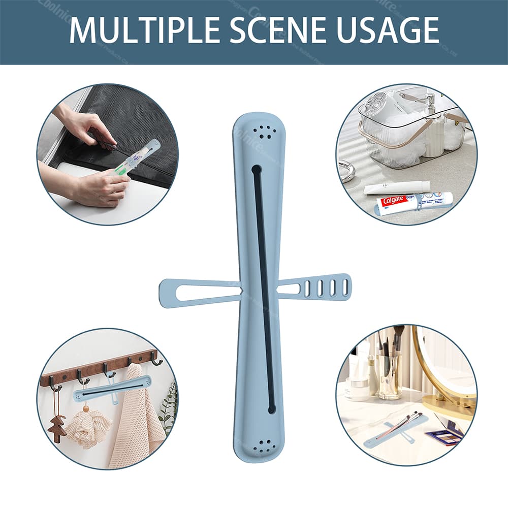 Blue silicone toothbrush holder with elastic tape for securing toothpaste tubes, shown in multiple usage scenes such as a bathroom counter, on a hook, and beside a toothbrush.