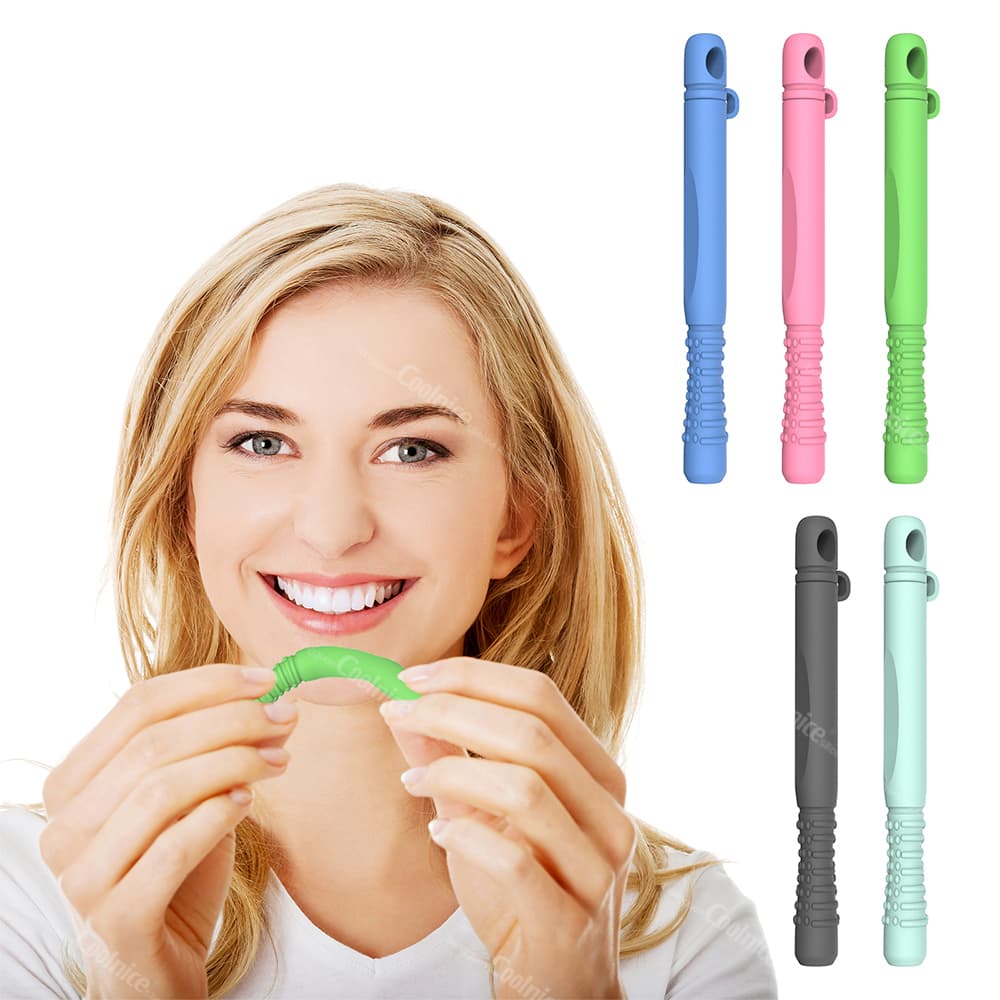 Person holding a green silicone essential oil chewing stick, with other color options (pink, blue, green, black, mint) shown in the background.