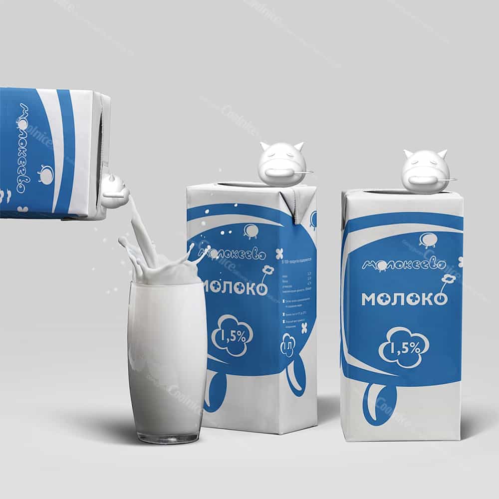 Milk carton with pig-shaped spout, pouring milk into a glass
