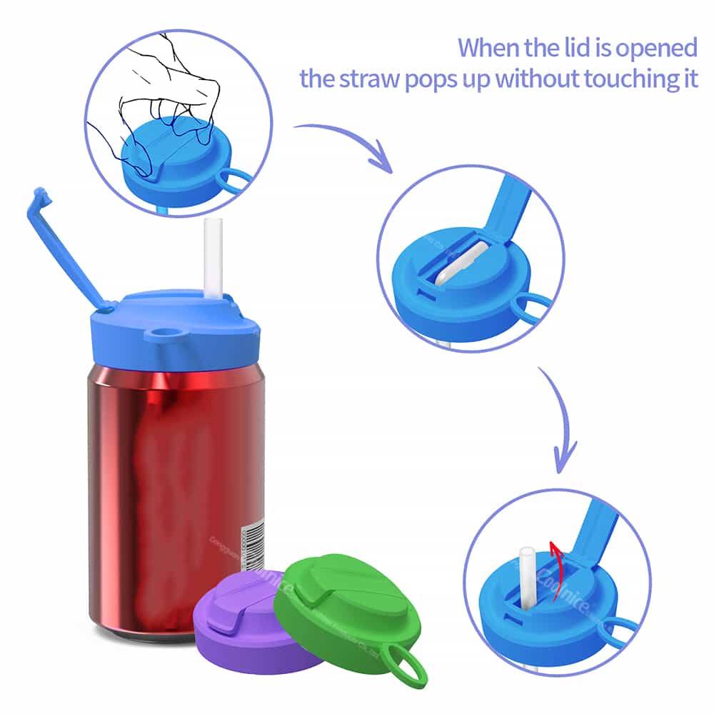 An infographic showing how the straw automatically pops up for touch-free access when the silicone can lid's flip-top is opened.