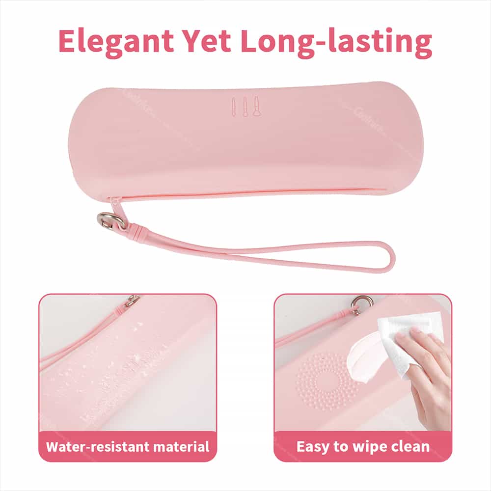 Pink silicone brush pouch with brush size options and dimensions