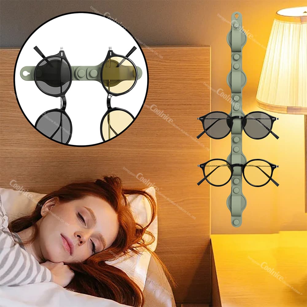 Multi-functional silicone glasses holder hanging on the wall, showcasing sunglasses and eyeglasses.
