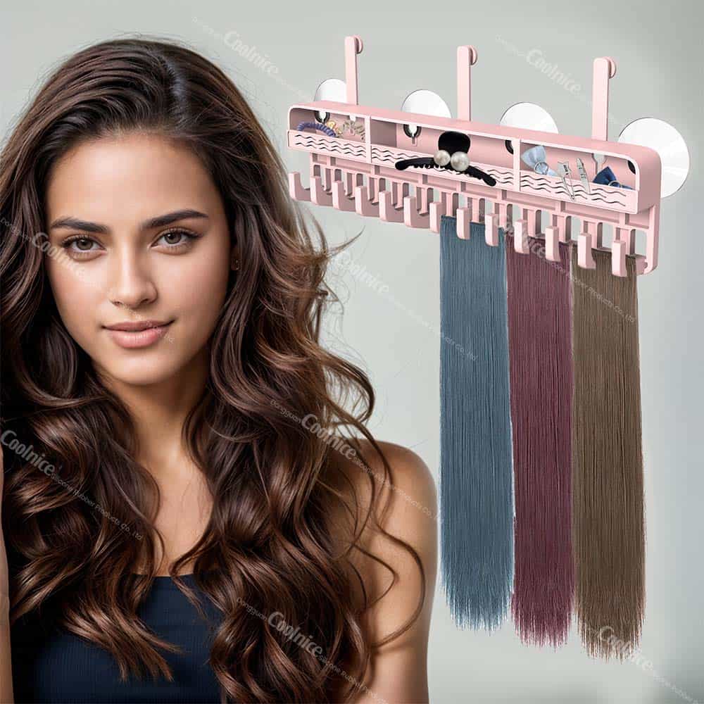 Wig storage rack holding multiple colored hair extensions