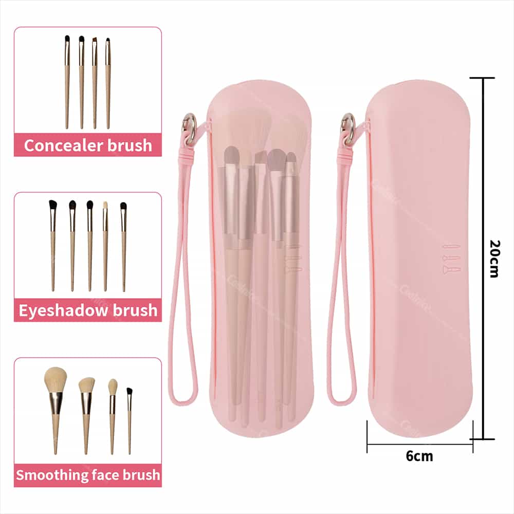 Pink silicone brush pouch with brush size options and dimensions