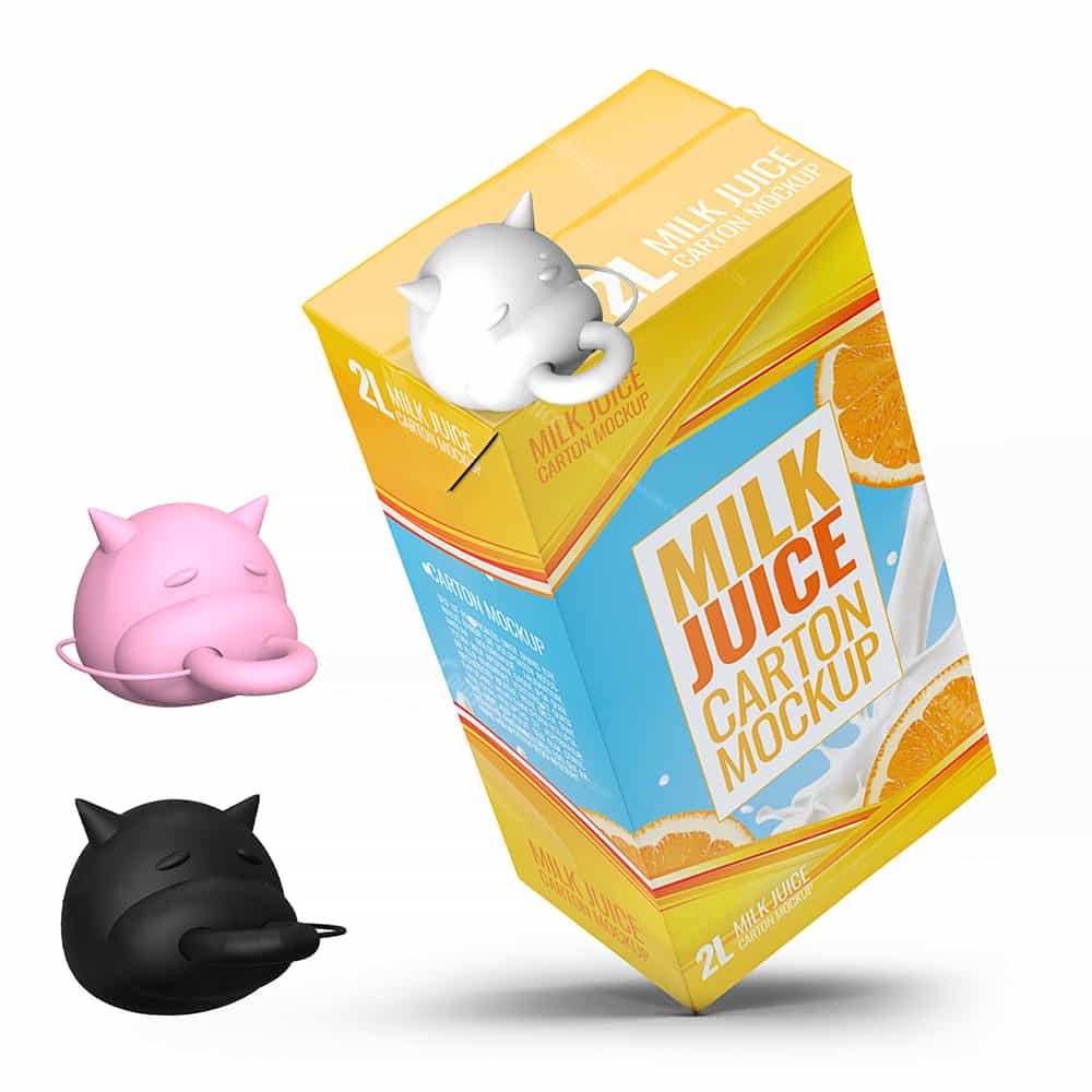 Pig-shaped spout on a milk carton with vibrant orange juice packaging