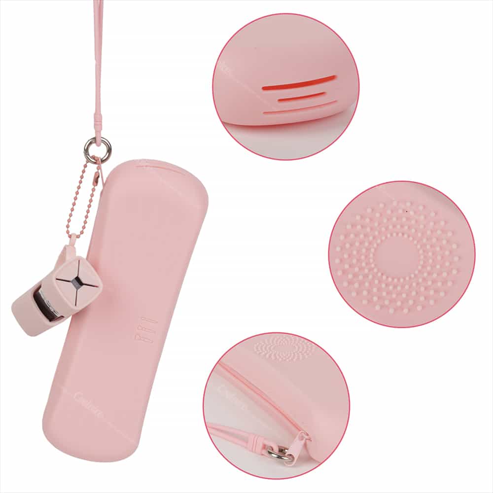 Pink silicone brush storage case with ventilation holes and cleaning pad