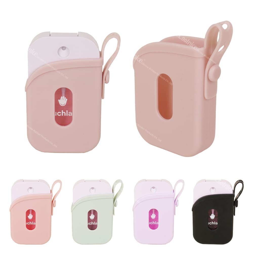 Compact silicone hand sanitizer spray protector case, available in multiple colors for travel and daily use.