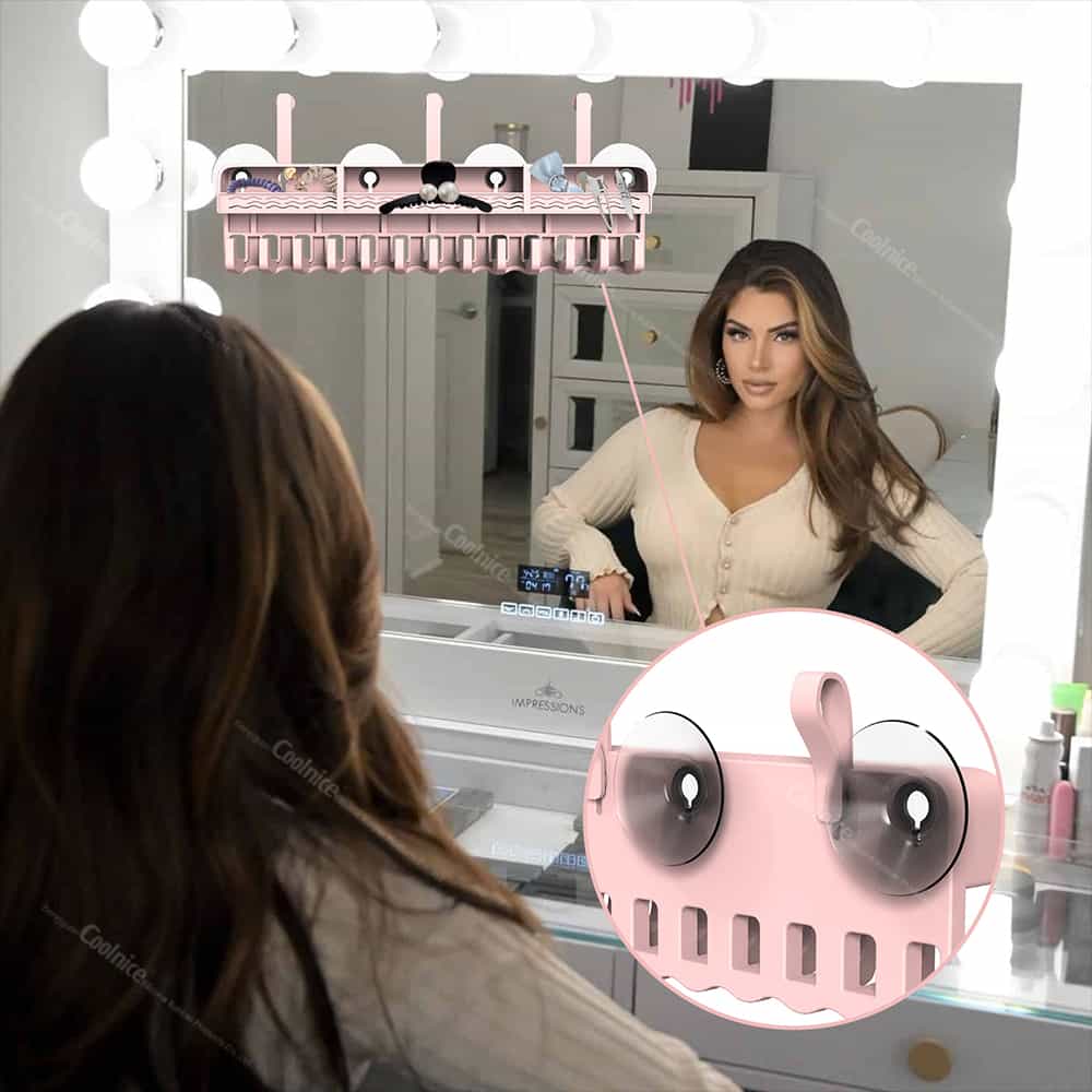 Wig storage rack mounted on mirror with suction cups