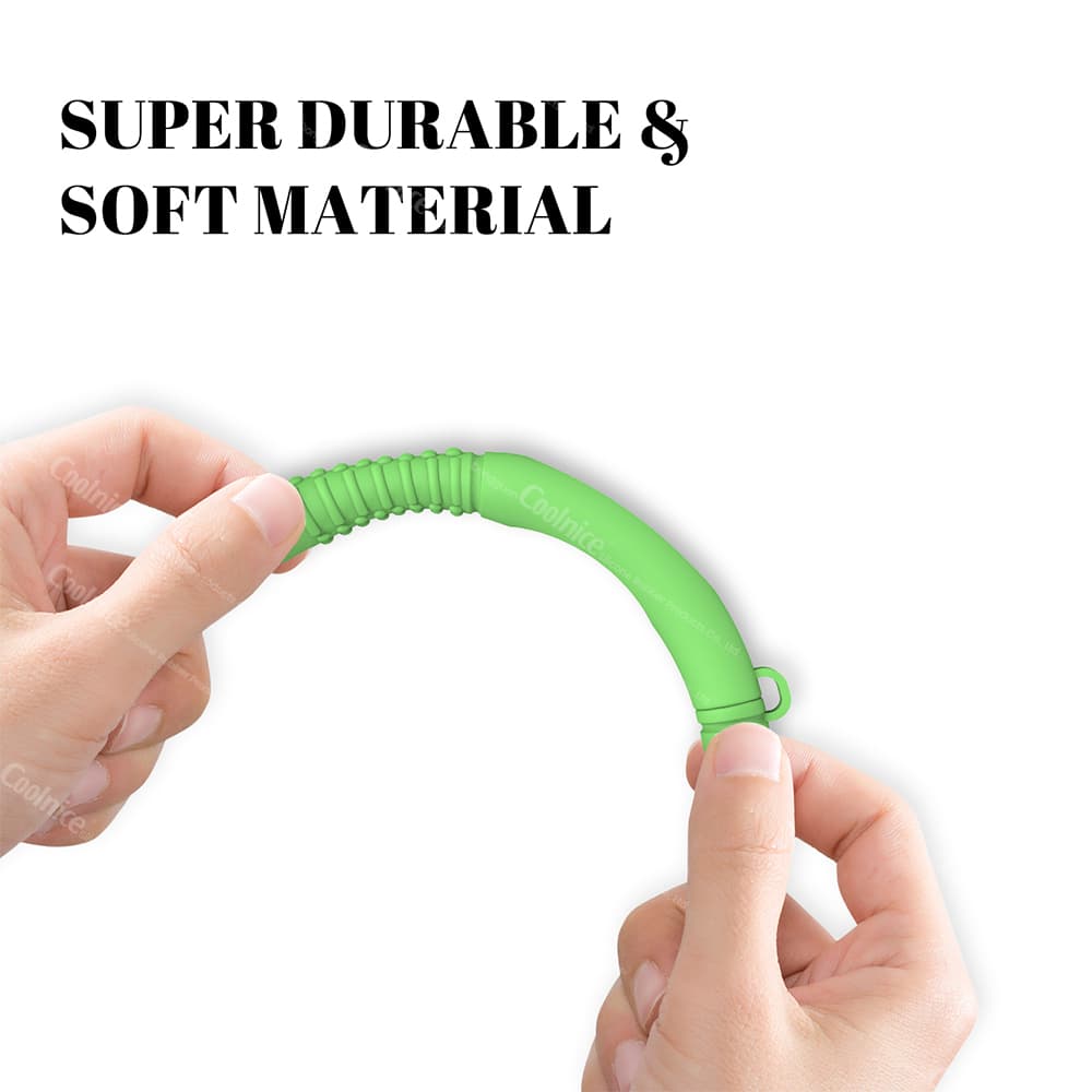 Green silicone essential oil chewing stick showing its super durable and soft material, being bent by hand.
