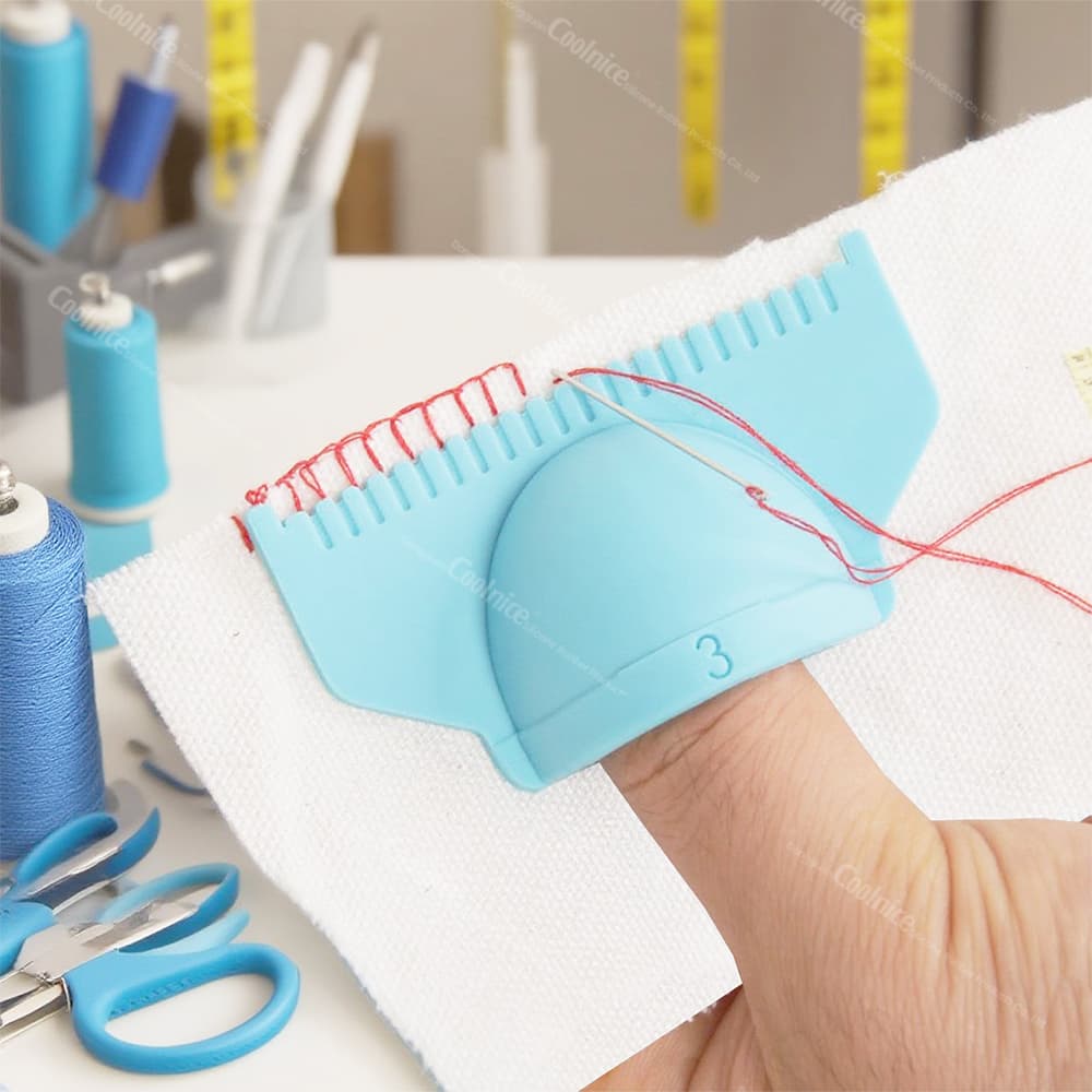 Sewing ruler template in use for hand stitching, with a 3mm width measurement on fabric, ideal for accurate embroidery.