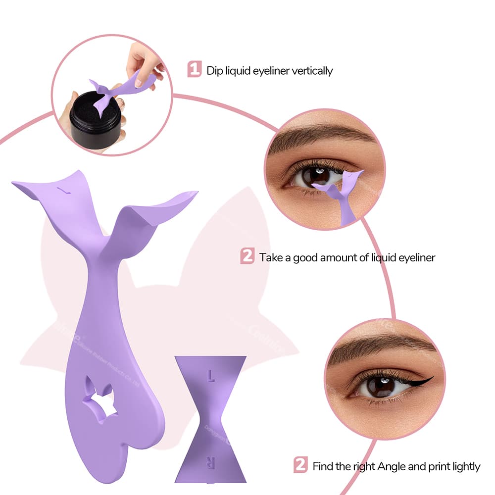 Purple eyeliner stencil with step-by-step usage guide.