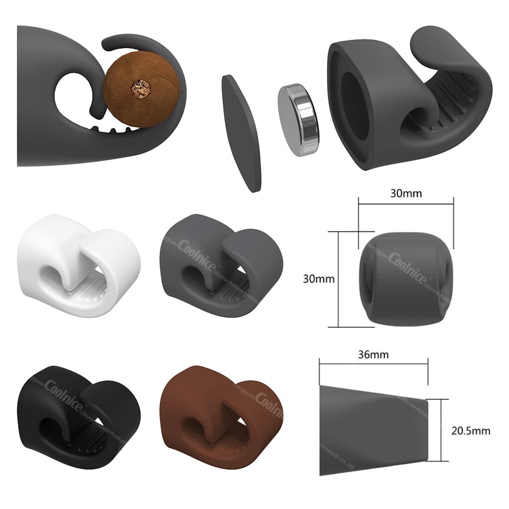 Various angles of the magnetic silicone cigar holder, shown in multiple colors (black, gray, white, brown), with close-ups of its components and dimensions.