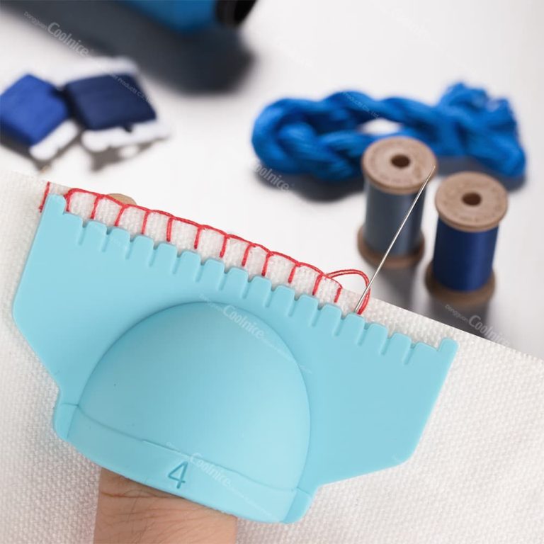 Sewing ruler template in blue with a 4mm width, used for hand stitching with red thread on fabric, perfect for precision sewing.