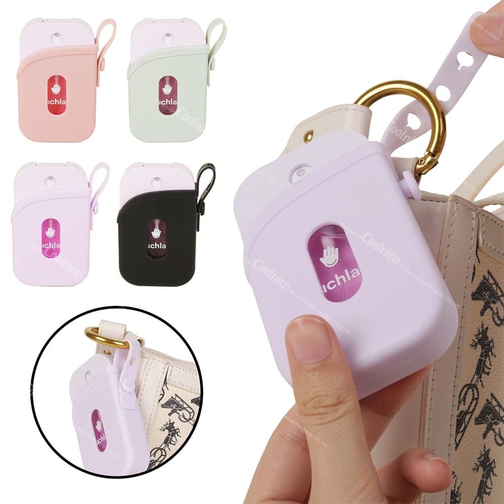Colorful hand sanitizer spray protector cases in pink, green, black, and purple, with a hook for easy attachment to a handbag.