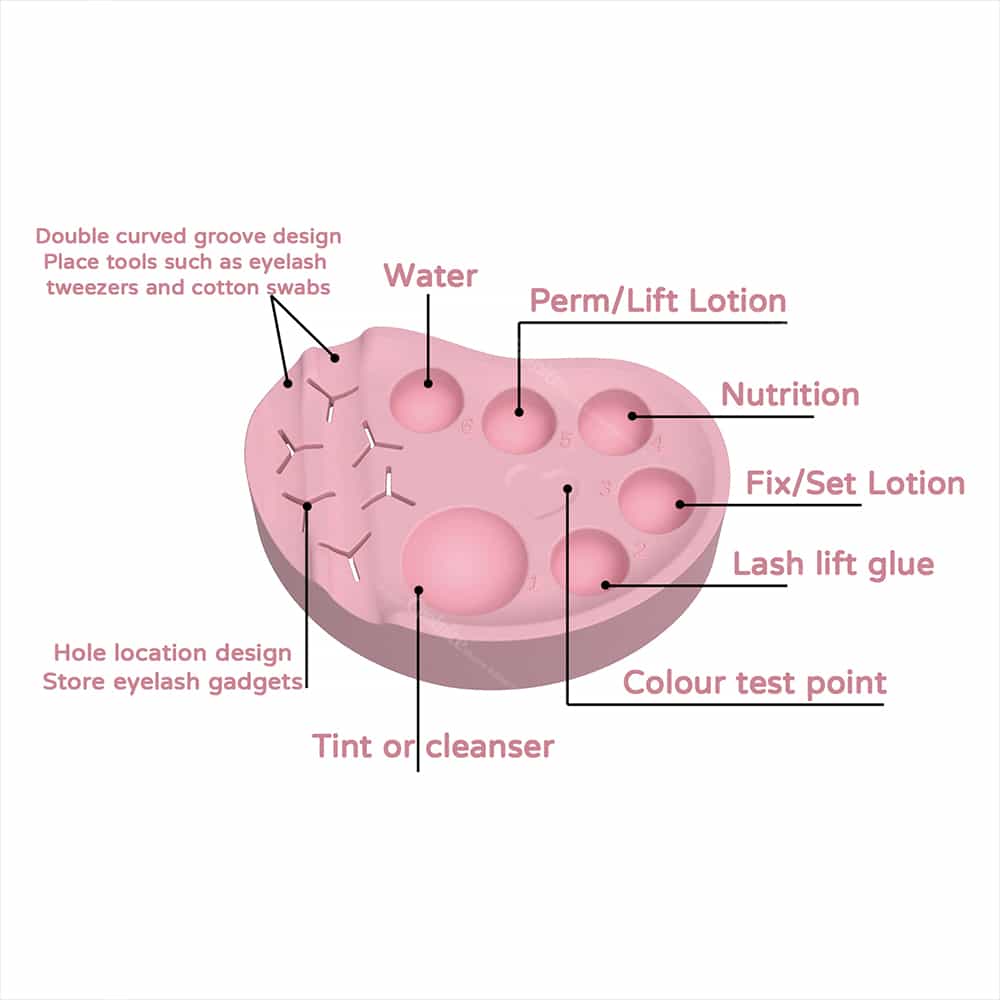 Pink silicone lash lift palette with tools and decorative powders in wells.