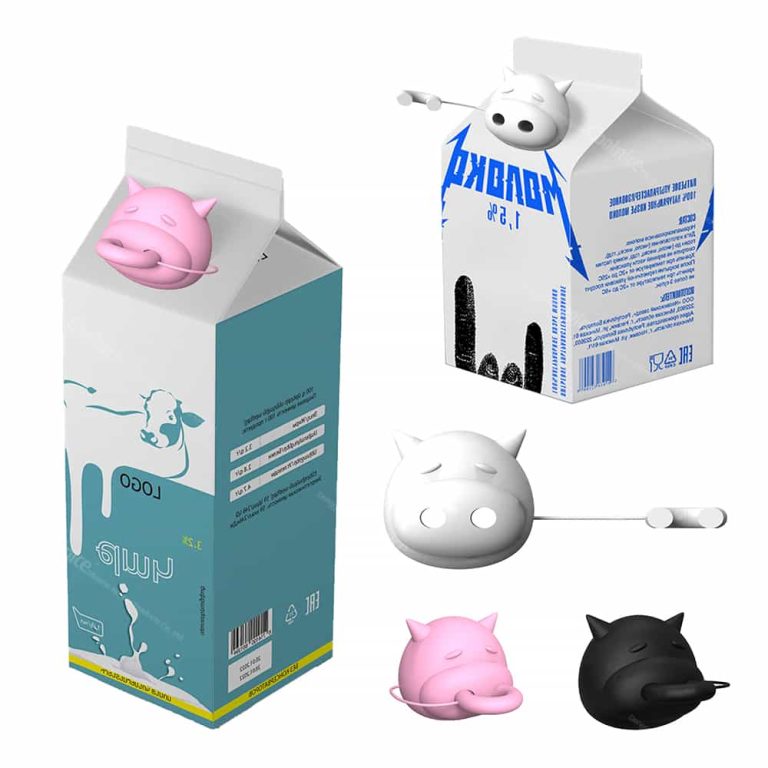 Pig-shaped spout on a carton with cow logo and detailed packaging