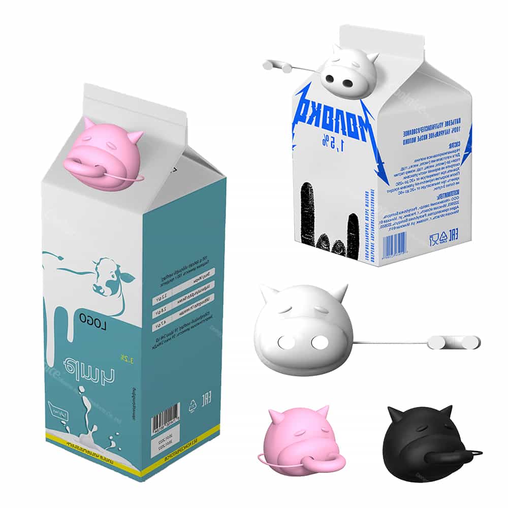 Pig-shaped spout on a carton with cow logo and detailed packaging