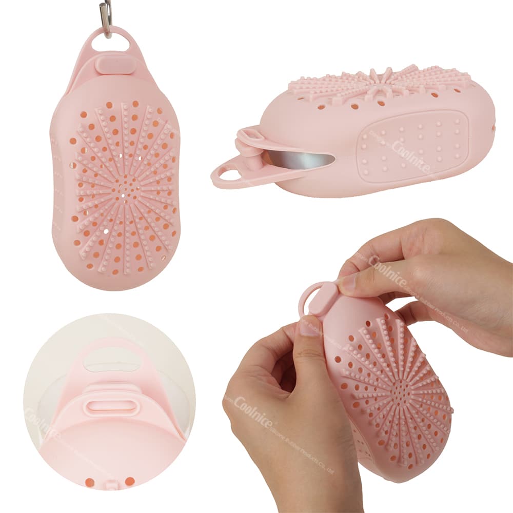 Pink silicone soap holder with hanging loop, showing the easy soap insertion and breathable design for quick drying.