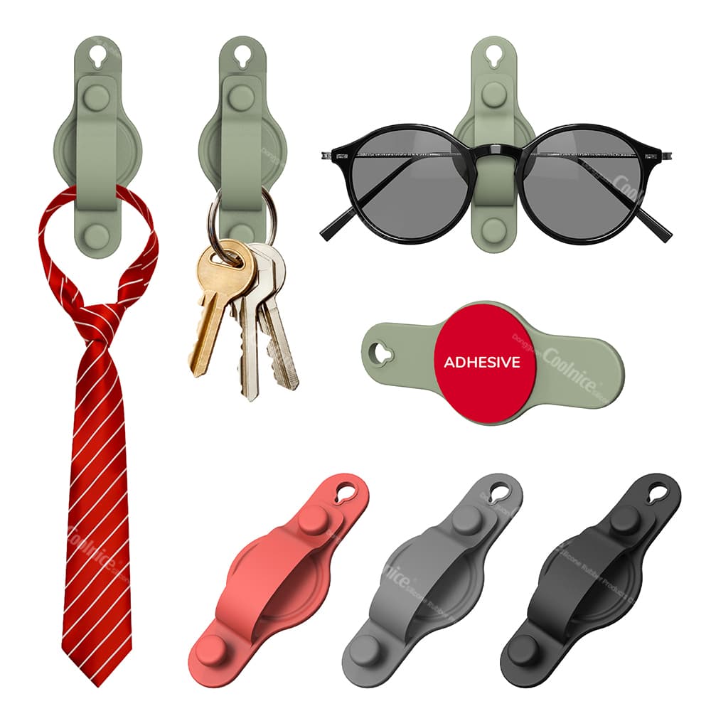 Multi-functional wall hook with adhesive back, displaying sunglasses, keys, tie, and various colors.