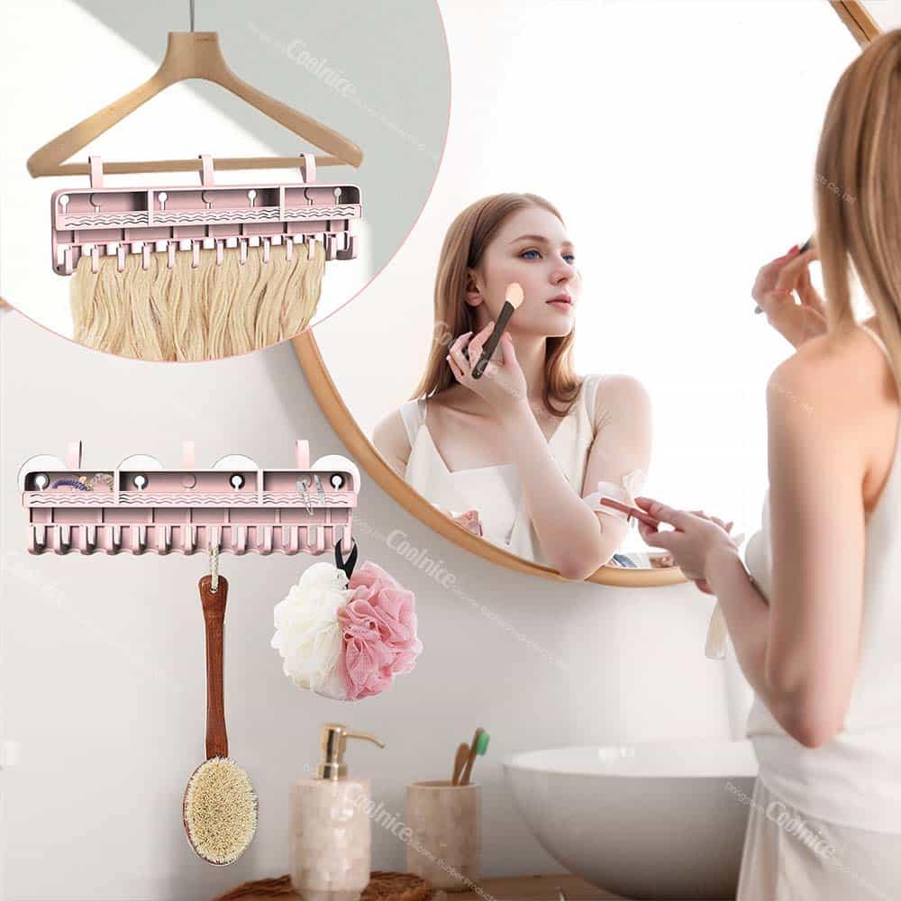 Wig storage rack in bathroom holding hairpieces and bath accessories