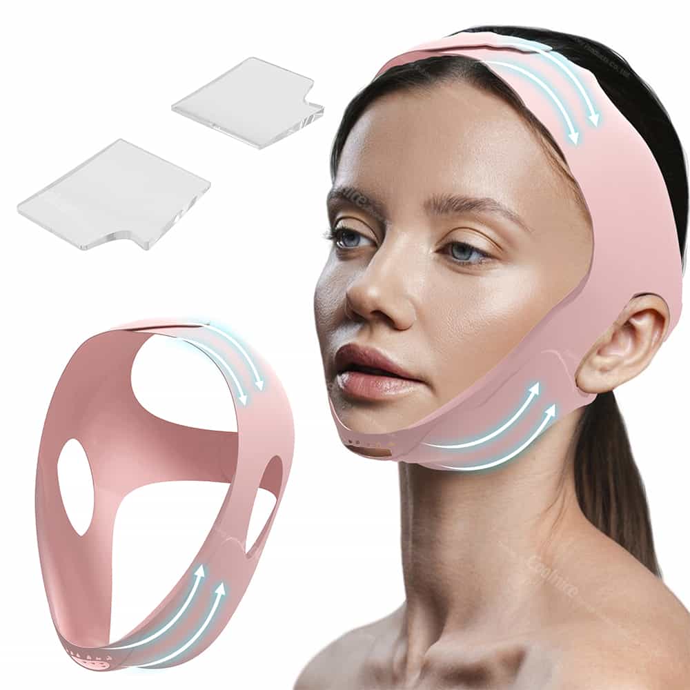 Pink chin lifting band with gel pads and arrows showing lifting effect on model’s face.