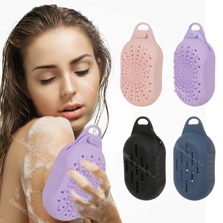 Silicone soap holder in pink, purple, black, and navy colors, shown with a woman using it while showering to keep soap dry.