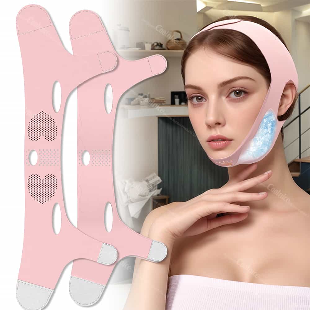Two pink adjustable chin slimming straps shown with gel pads for hot or cold use.