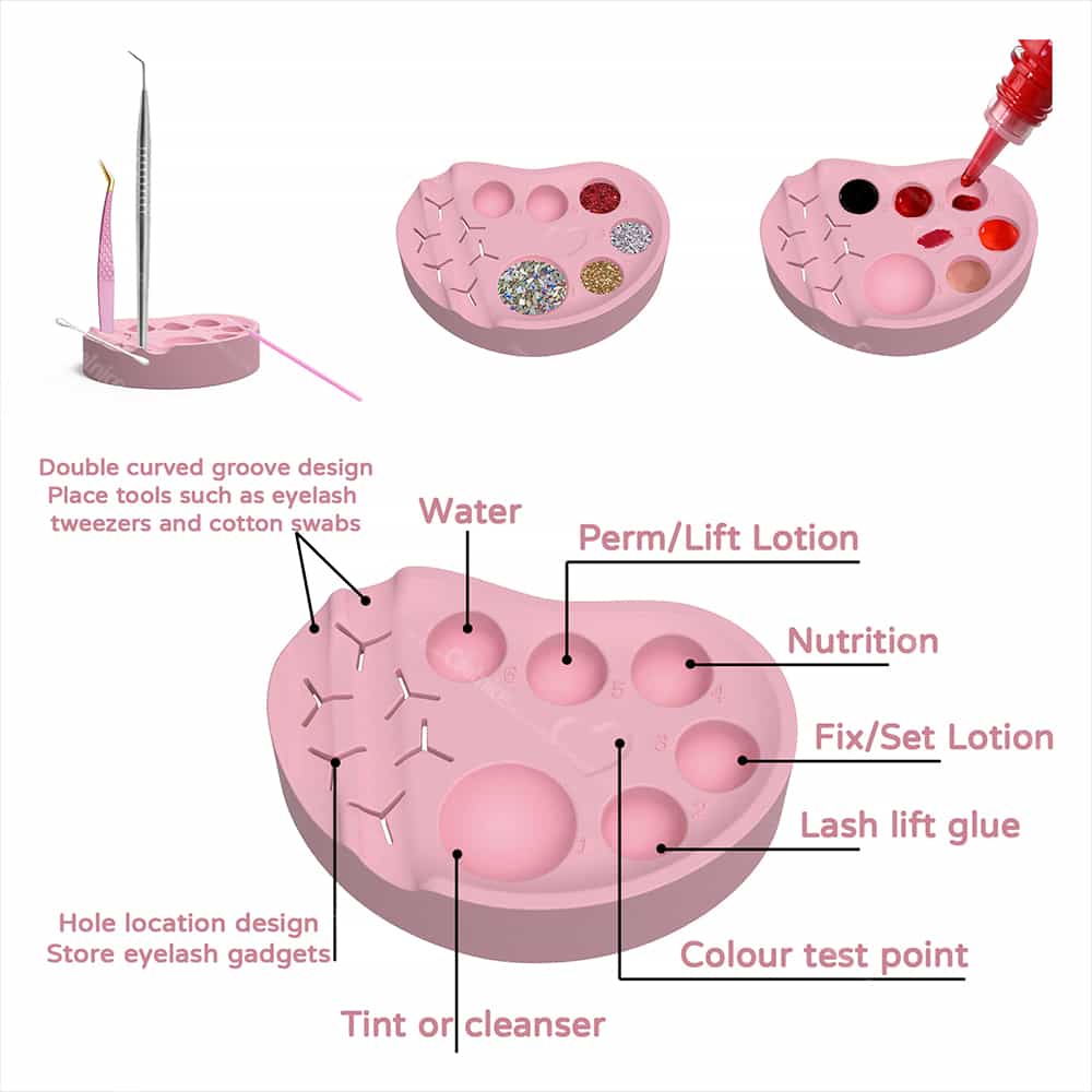 Woman applying glitter nail polish using silicone palette with various colors.