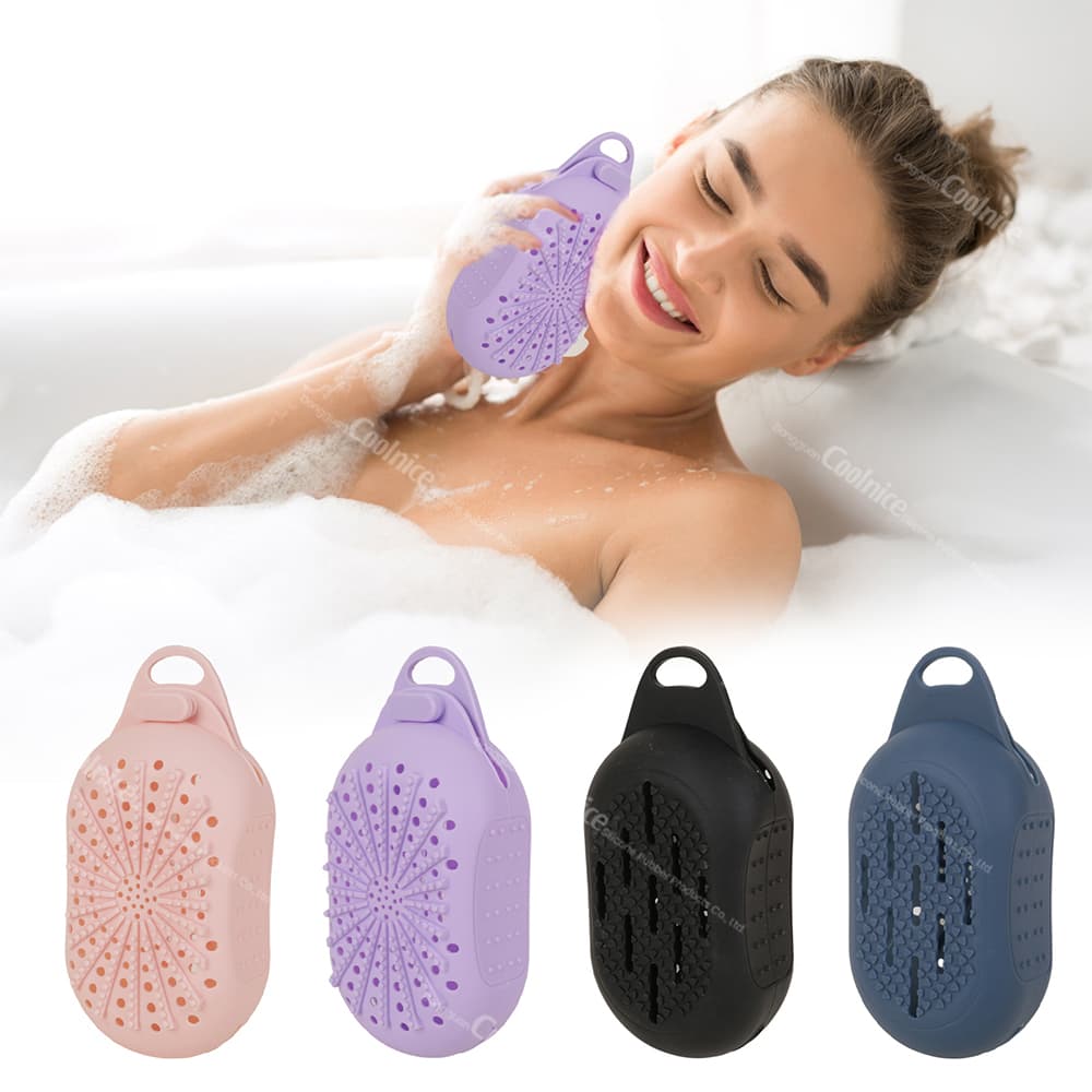 Silicone soap holder in pink, purple, black, and navy colors shown with a woman using it in a bath to keep soap dry.