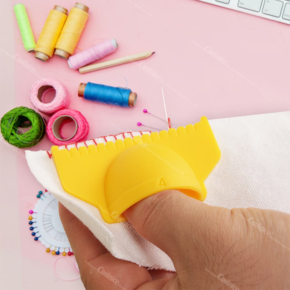 Yellow sewing ruler template with a 4mm width, used for hand stitching with pink thread on fabric, perfect for precision sewing.