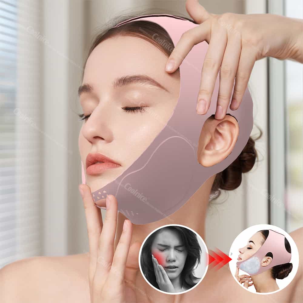 Woman wearing pink chin lifting strap with visible gel pads inserted for cooling therapy.