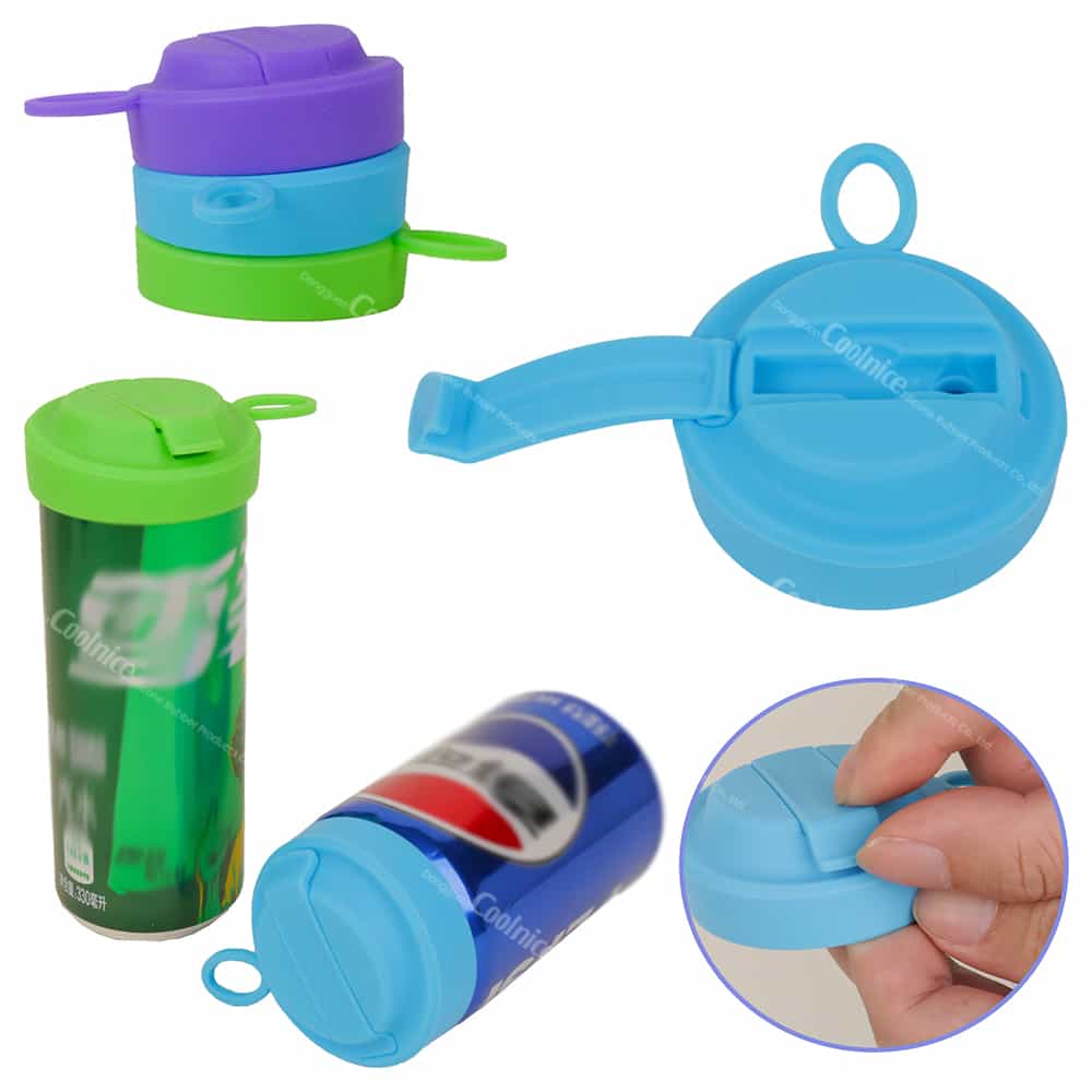 A collage demonstrating the uses of silicone can covers, including a stack of lids, lids on soda cans, and a hand closing the spill-proof top.