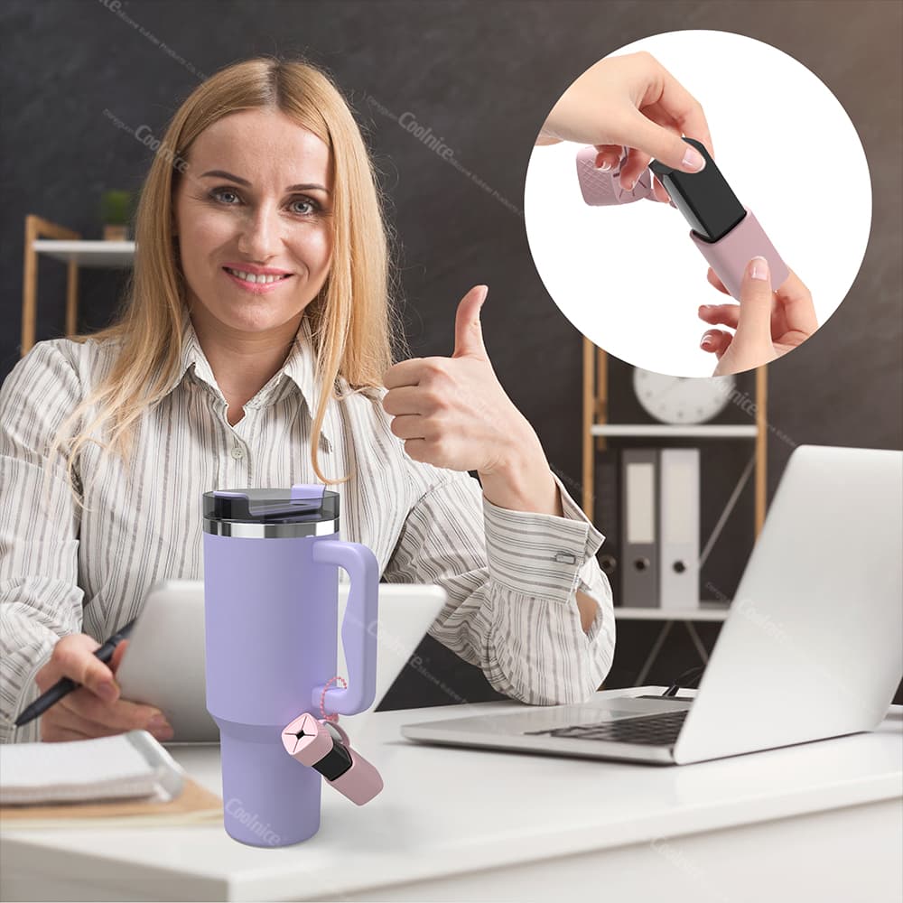 Silicone lipstick holder attached to mug, woman giving thumbs up