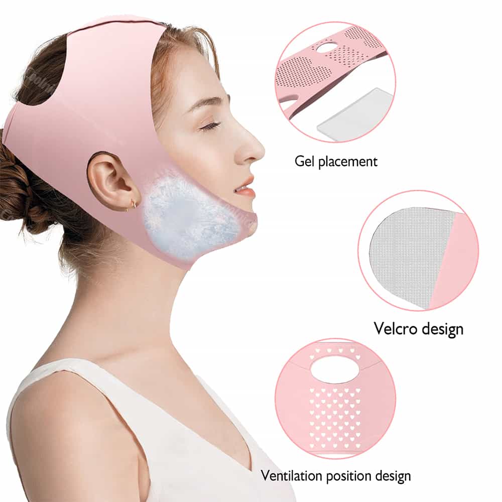Side view of woman wearing pink chin strap with gel pad pocket, Velcro closure, and ventilation holes.