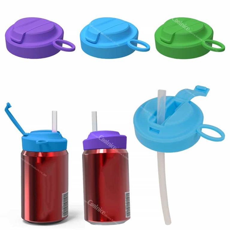 Three silicone can lids in purple, blue, and green, shown individually and fitted onto red soda cans with reusable straws.