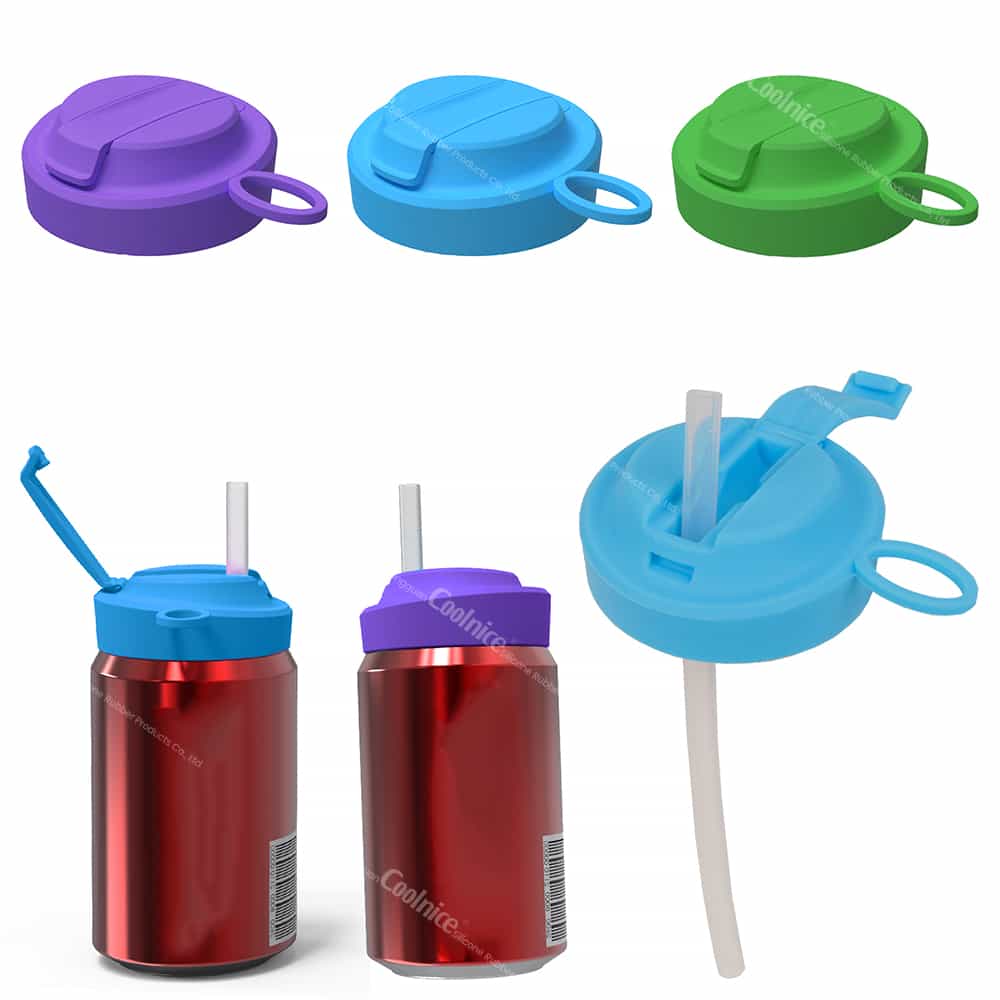 Three silicone can lids in purple, blue, and green, shown individually and fitted onto red soda cans with reusable straws.